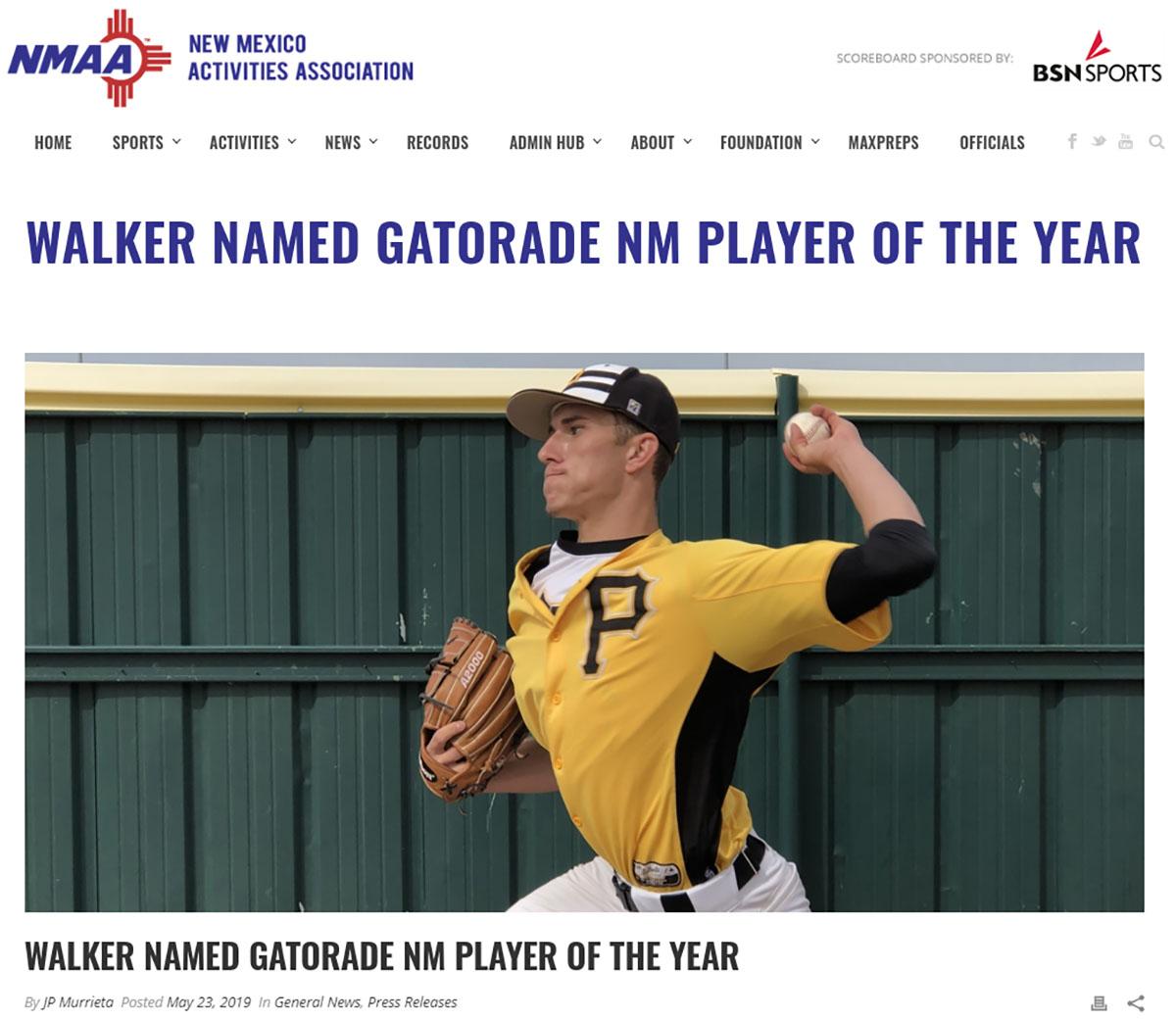 Gatorade selected Sartan pitcher, Hayden Walker, as its 2018-19 Gatorade New Mexico Baseball Player of the Year.